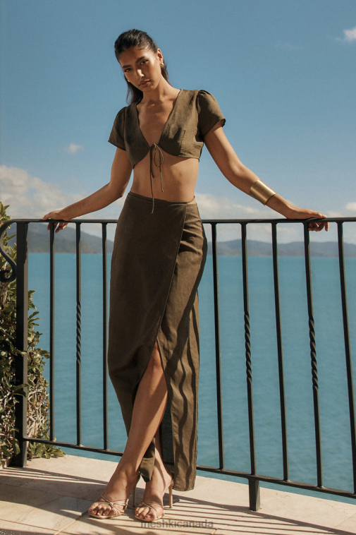 Meshki Khaki Fatima Linen Wrap Maxi Skirt Clothing JN88N1230