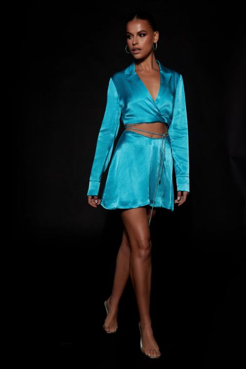 Meshki Cyan Blue Talulah Diamante Rope Mini Flute Skirt Clothing JN88N1538