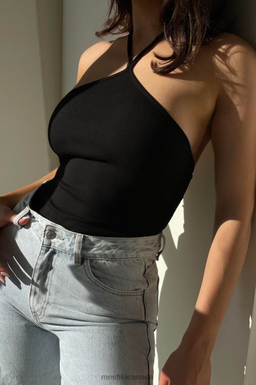 Meshki Black Arden Halter Neck Ribbed Bodysuit Clothing JN88N979