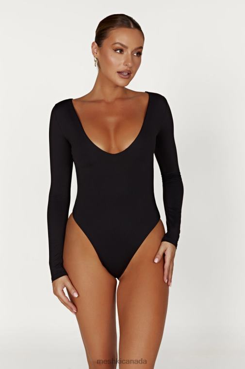 Meshki Black Nia Long Sleeve V Neck Bodysuit Clothing JN88N951