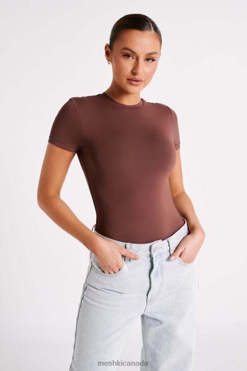 Meshki Mocha Francesca Recycled Nylon Crew Neck Short Sleeve Bodysuit Clothing JN88N772