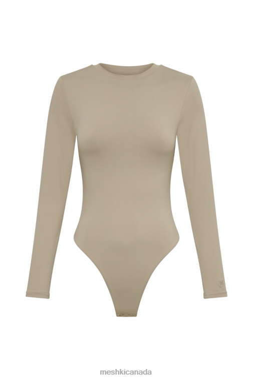 Meshki Taupe Delilah Recycled Nylon Long Sleeve Crew Neck Bodysuit Clothing JN88N846