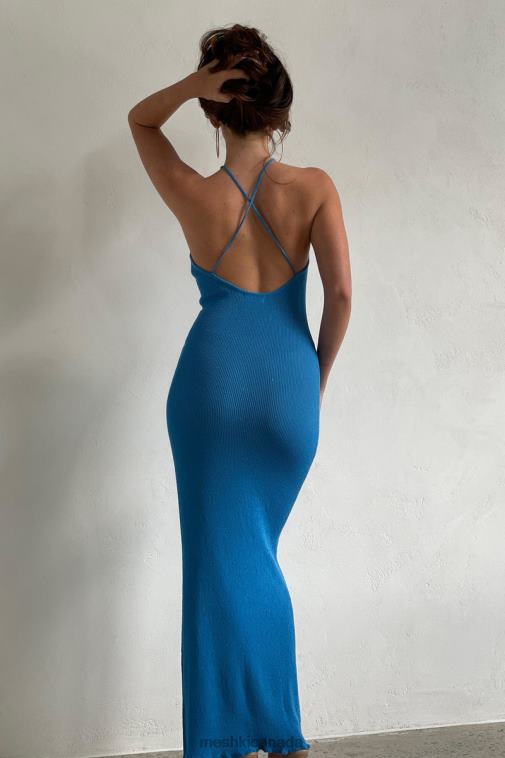 Meshki Azure Blue Aryana Asymmetrical Straight Maxi Halter Knit Dress Clothing JN88N707