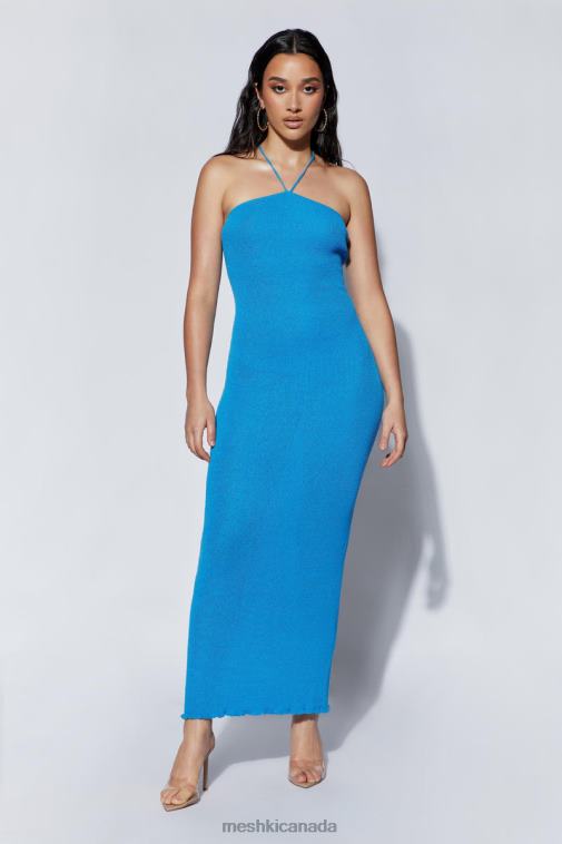 Meshki Azure Blue Aryana Asymmetrical Straight Maxi Halter Knit Dress Clothing JN88N707