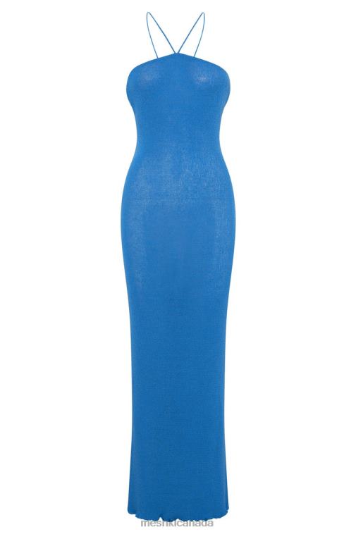 Meshki Azure Blue Aryana Asymmetrical Straight Maxi Halter Knit Dress Clothing JN88N707