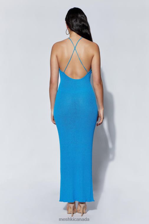 Meshki Azure Blue Aryana Asymmetrical Straight Maxi Halter Knit Dress Clothing JN88N707