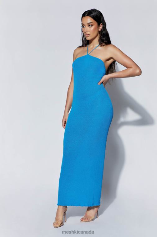 Meshki Azure Blue Aryana Asymmetrical Straight Maxi Halter Knit Dress Clothing JN88N707