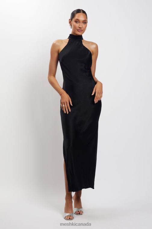Meshki Black Claire Satin Drape Back Maxi Dress with Split Clothing JN88N101