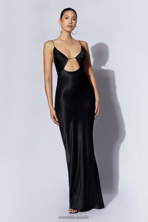 Meshki Black Sadie Maxi Satin Halter Ruched Slip Dress Clothing JN88N629