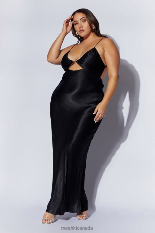 Meshki Black Sadie Maxi Satin Halter Ruched Slip Dress Clothing JN88N629