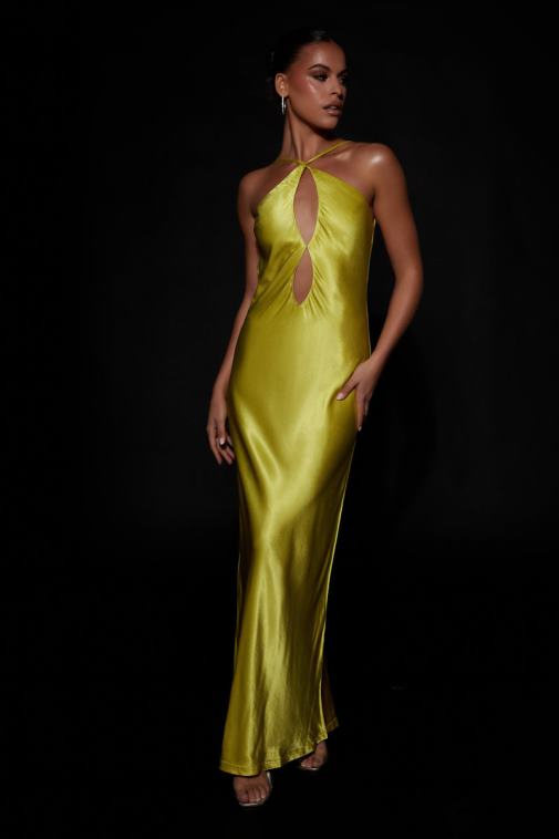 Meshki Chartreuse Lucia Satin Cut Out Maxi Dress Clothing JN88N530
