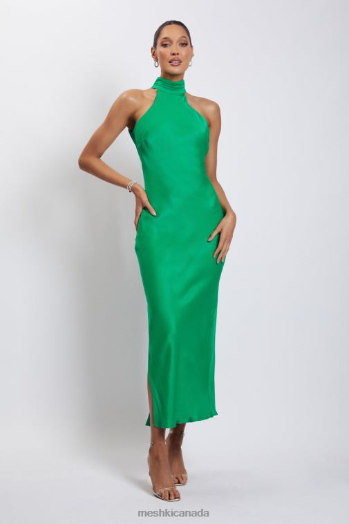 Meshki Green Claire Satin Drape Back Maxi Dress with Split Clothing JN88N37