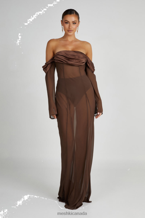 Meshki Mocha Ivanna Off Shoulder Chiffon Maxi Dress Clothing JN88N51