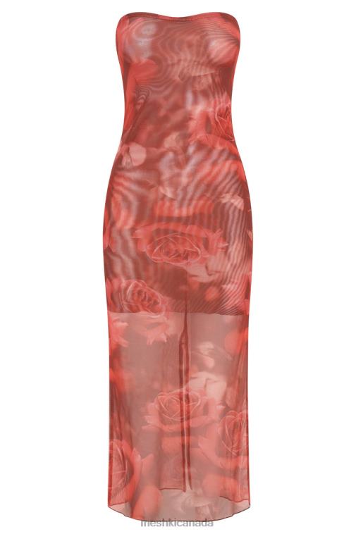 Meshki Oversized Rose Print Aphrodite Strapless Mesh Dress Clothing JN88N111