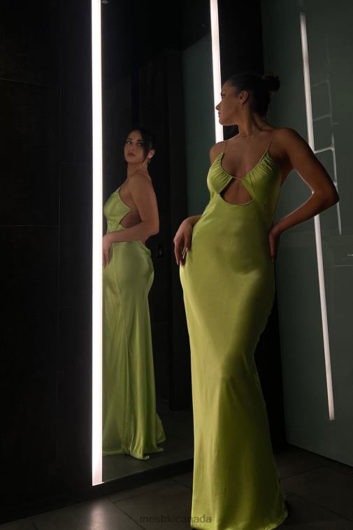 Meshki Pistachio Green Sadie Maxi Satin Halter Ruched Slip Dress Clothing JN88N544