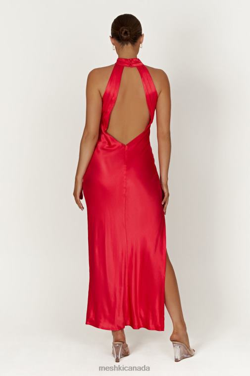Meshki Red Claire Satin Drape Back Maxi Dress with Split Clothing JN88N234