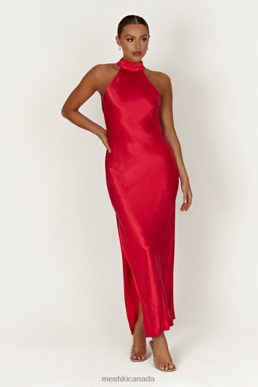 Meshki Red Claire Satin Drape Back Maxi Dress with Split Clothing JN88N234