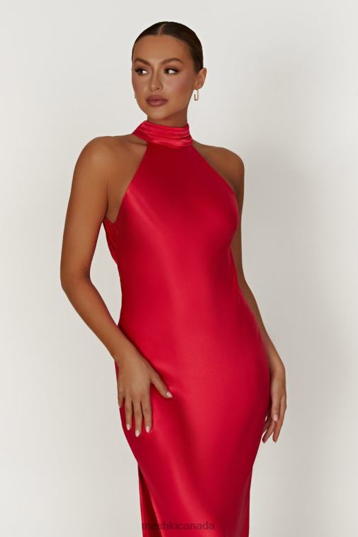 Meshki Red Claire Satin Drape Back Maxi Dress with Split Clothing JN88N234