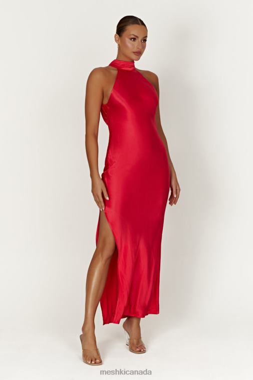 Meshki Red Claire Satin Drape Back Maxi Dress with Split Clothing JN88N234