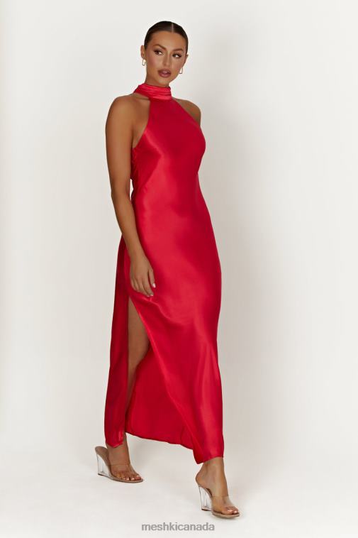 Meshki Red Claire Satin Drape Back Maxi Dress with Split Clothing JN88N234