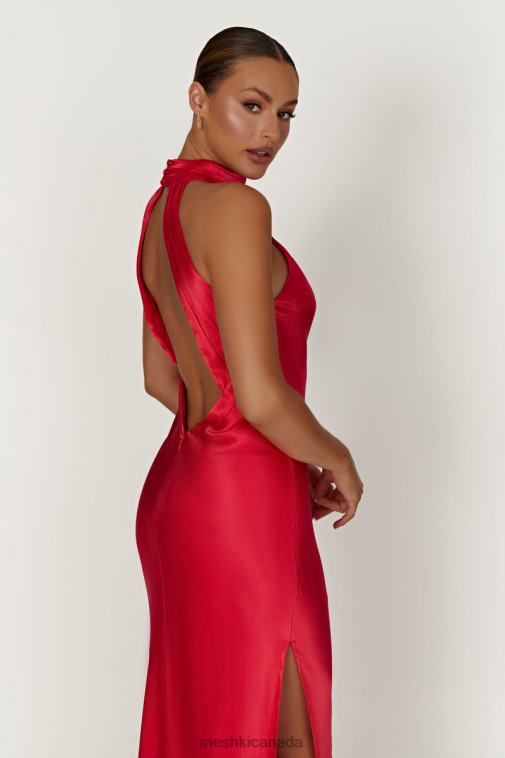 Meshki Red Claire Satin Drape Back Maxi Dress with Split Clothing JN88N234