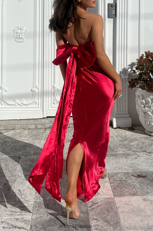 Meshki Red Rochelle Bow Back Satin Maxi Dress Clothing JN88N242