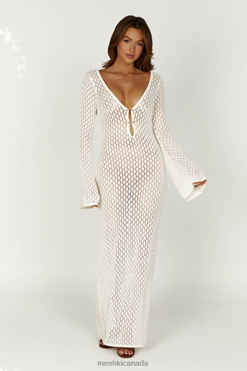 Meshki White Kayleigh Crochet Fishtail Flare Sleeve Dress Clothing JN88N201