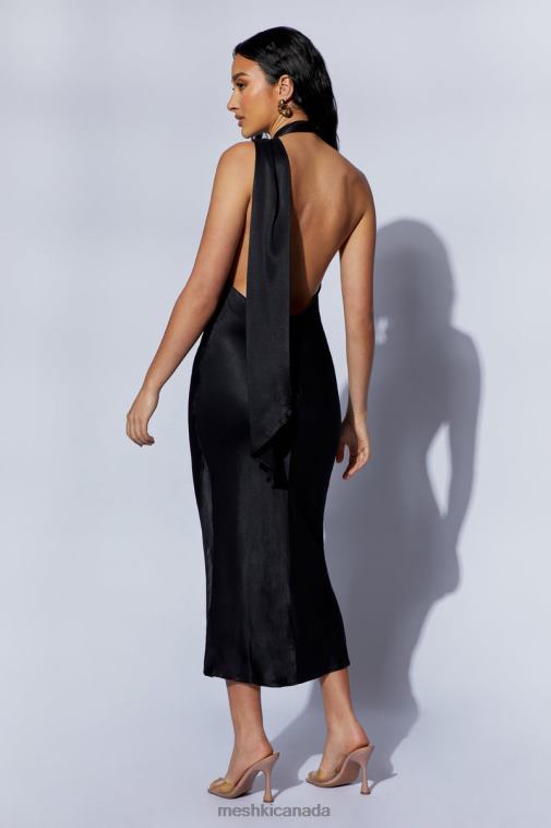 Meshki Black Astrella Neck Wrap Midi A-Line Dress Clothing JN88N449