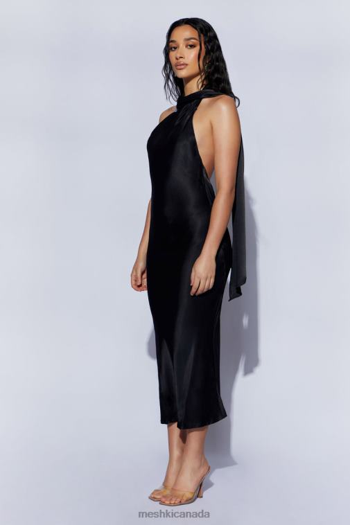 Meshki Black Astrella Neck Wrap Midi A-Line Dress Clothing JN88N449