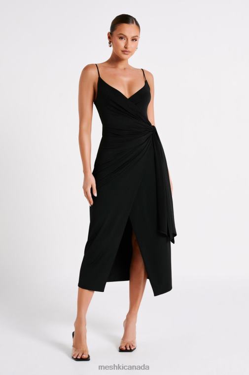 Meshki Black Caroline Draped Wrap Midi Dress Clothing JN88N109