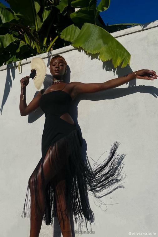 Meshki Black Yasmin Wrap Over Midi Dress With Fringing Clothing JN88N625