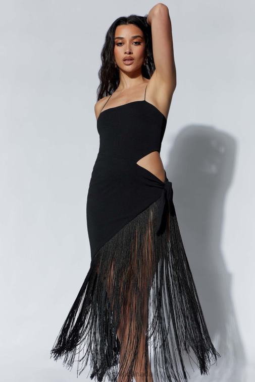Meshki Black Yasmin Wrap Over Midi Dress With Fringing Clothing JN88N625