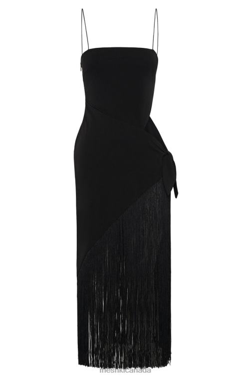 Meshki Black Yasmin Wrap Over Midi Dress With Fringing Clothing JN88N625