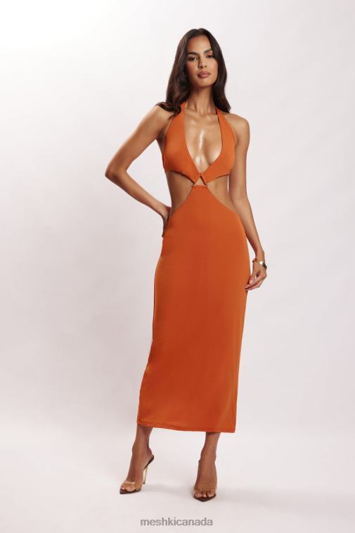 Meshki Burnt Orange Natalie Halter Neck Cut Out Midi Dress Clothing JN88N714