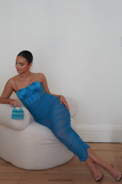 Meshki Marine Blue Tiarne Satin And Mesh Corset Midi Dress Clothing JN88N646