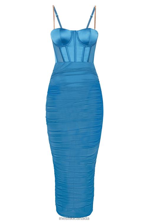 Meshki Marine Blue Tiarne Satin And Mesh Corset Midi Dress Clothing JN88N646