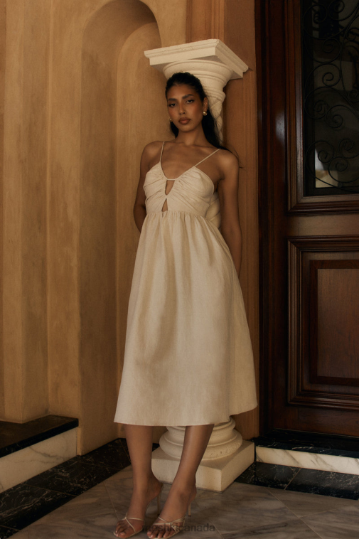 Meshki Natural Magdelena Cut Out Linen Midi Dress Clothing JN88N19