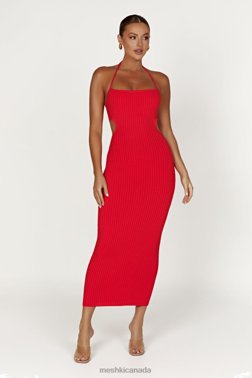 Meshki Red Morgan Halter Knit Midi Dress Clothing JN88N360