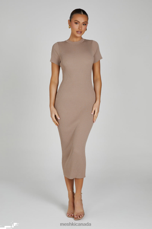 Meshki Taupe Sonia Short Sleeve Knit Midi Dress Clothing JN88N162