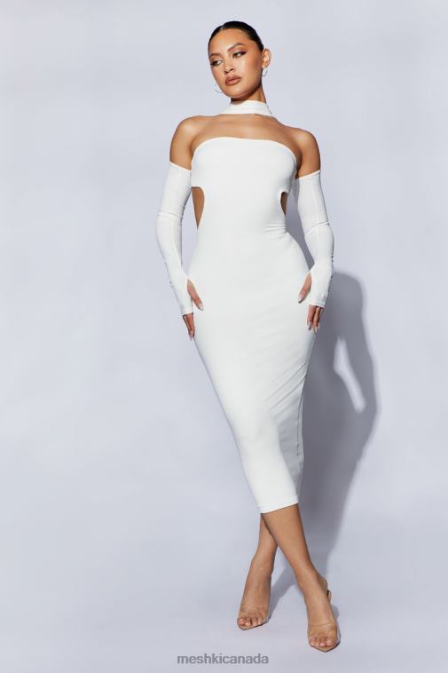 Meshki White Demie Neckband Midi Dress With Fingerless Gloves Clothing JN88N704