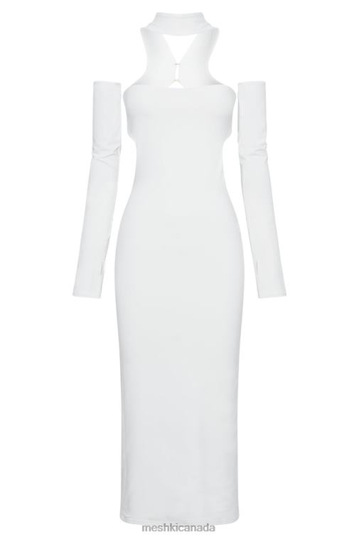 Meshki White Demie Neckband Midi Dress With Fingerless Gloves Clothing JN88N704