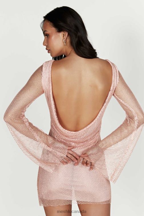 Meshki Baby Pink Samira Flare Sleeve Diamante Mesh Mini Dress Clothing JN88N315