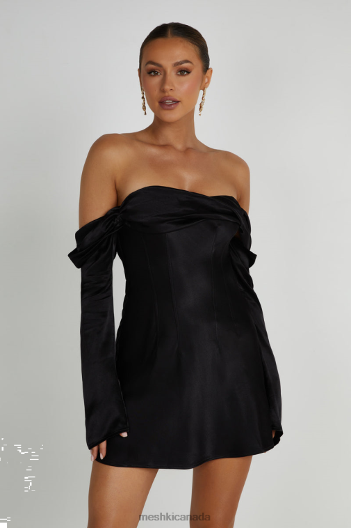 Meshki Black Giselle Off Shoulder Satin Mini Dress Clothing JN88N202