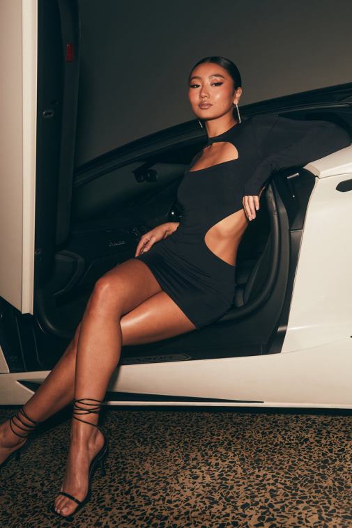 Meshki Black Kat One Shoulder Glove Mini Dress With Cut Out Clothing JN88N717