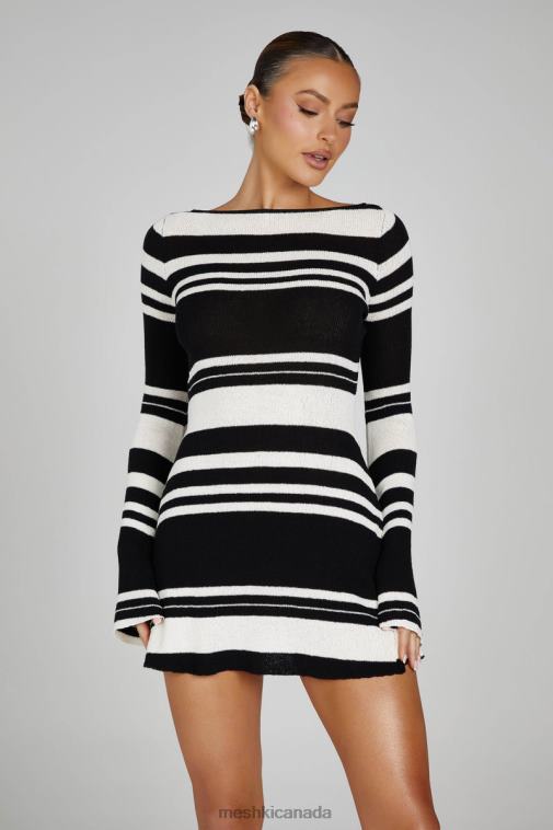 Meshki Black/White Zahra Long Sleeve Open Back Mini Knit Dress Clothing JN88N110