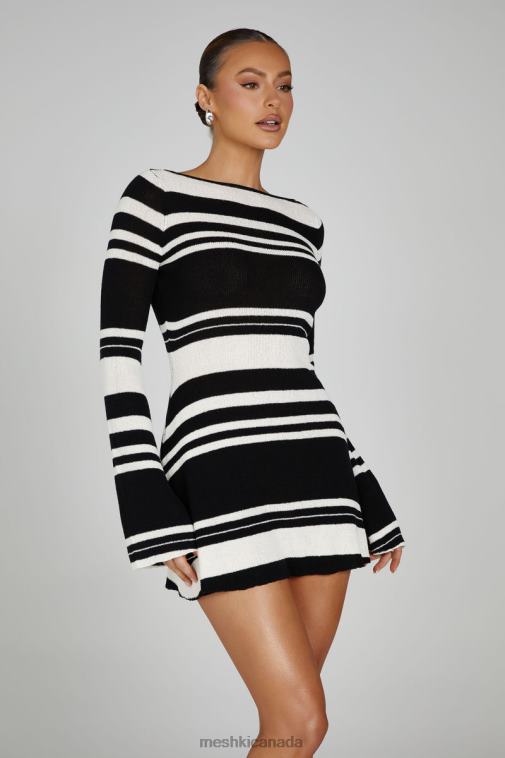 Meshki Black/White Zahra Long Sleeve Open Back Mini Knit Dress Clothing JN88N110