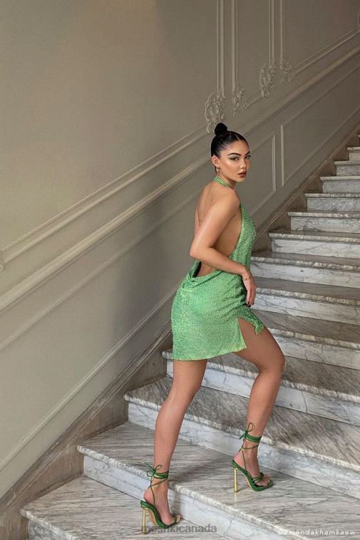 Meshki Green Meilani Low Back Diamante Mesh Mini Dress Clothing JN88N726