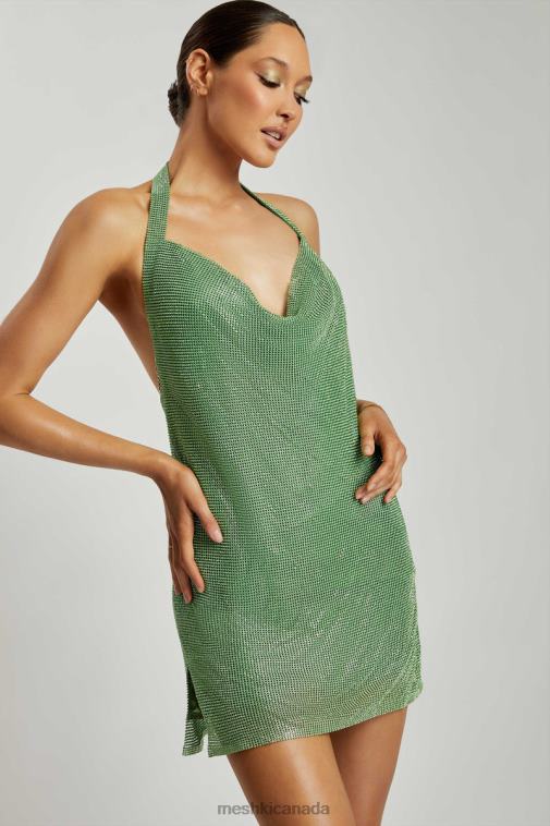 Meshki Green Meilani Low Back Diamante Mesh Mini Dress Clothing JN88N726