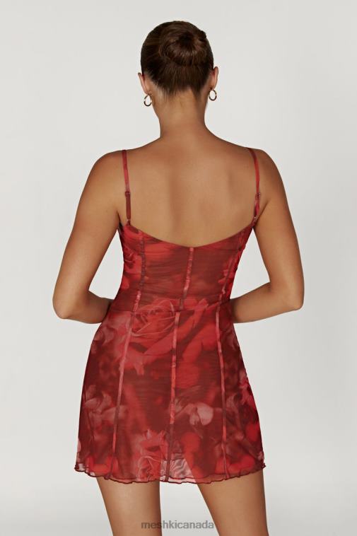 Meshki Oversized Rose Print Esther Mesh Panelled Mini Dress Clothing JN88N565