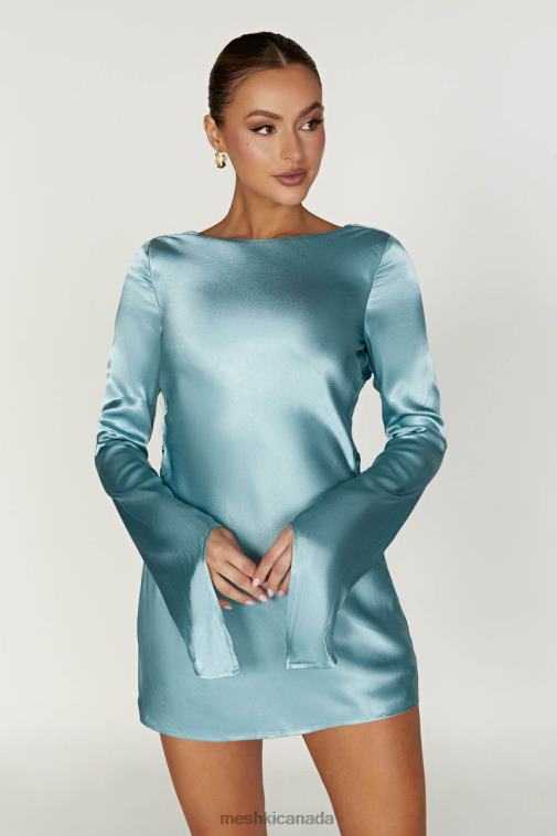 Meshki Powder Blue Davina Satin Long Sleeve Mini Dress Clothing JN88N347